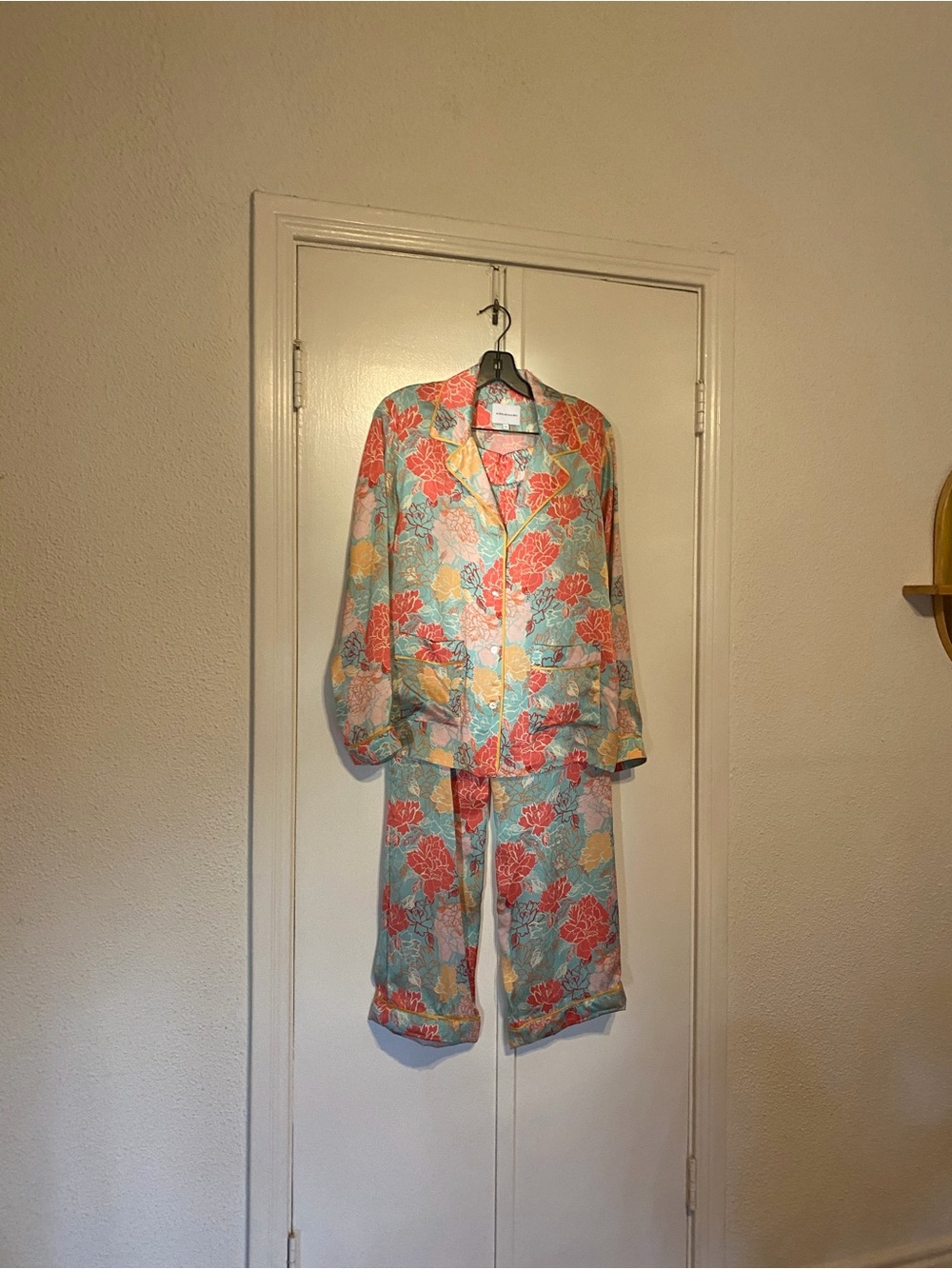 Women's Floral Button-Front Silk Set - Aqua & Coral